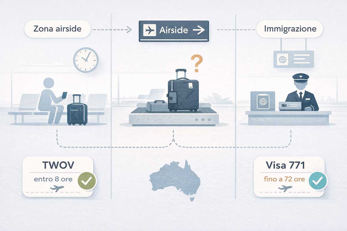 Visto transito Australia: quando serve 1 Illustrazione aeroporto australiano con zona transiti airside, controllo immigrazione, TWOV e Transit visa 771 a confronto