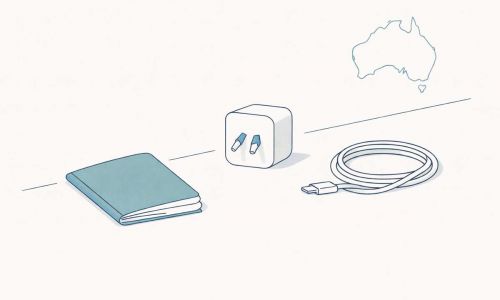 Adattatore per prese elettriche australiane Tipo I con caricatore e passaporto sulla scrivania