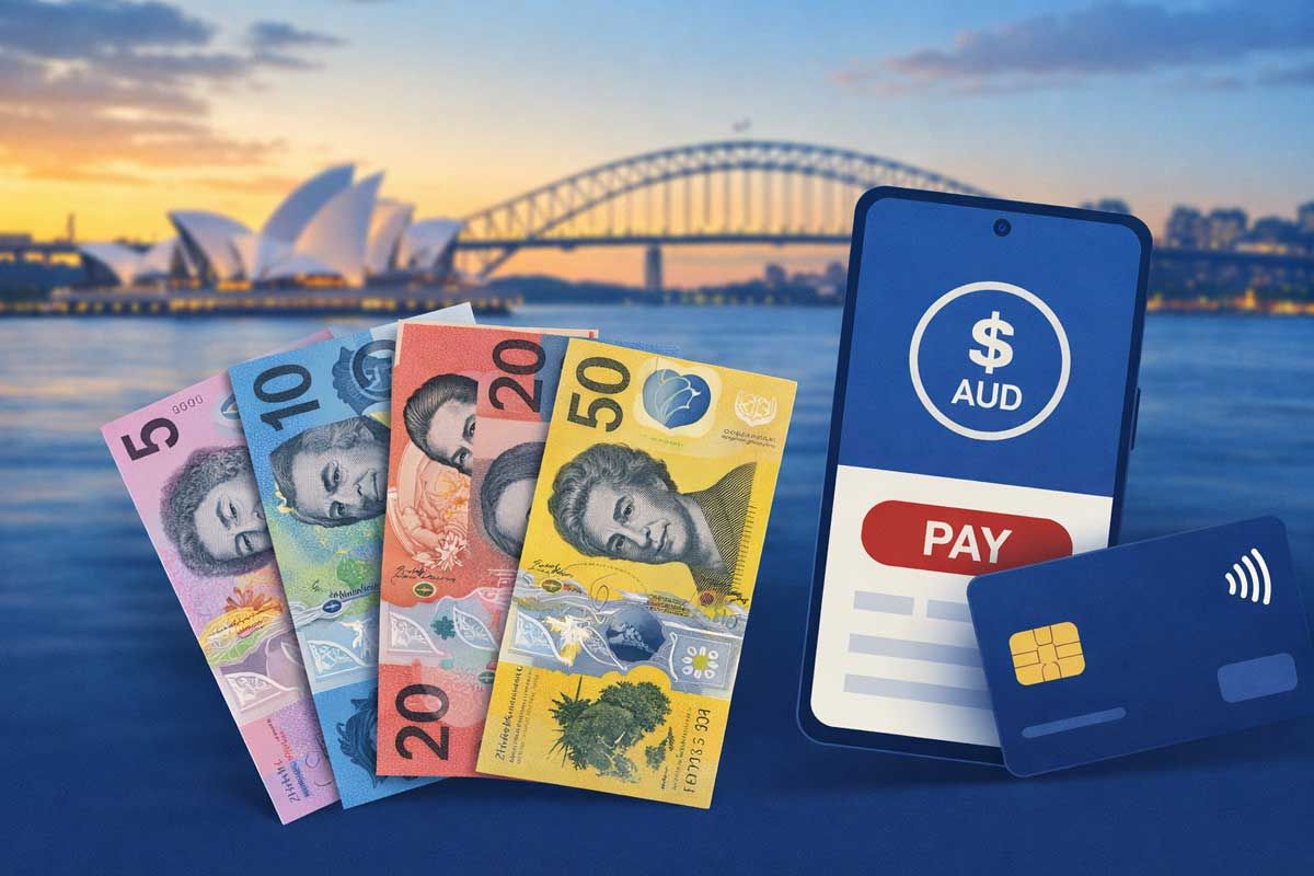 Banconote australiane colorate, smartphone con app pagamento e carta contactless con Sydney Opera House sullo sfondo