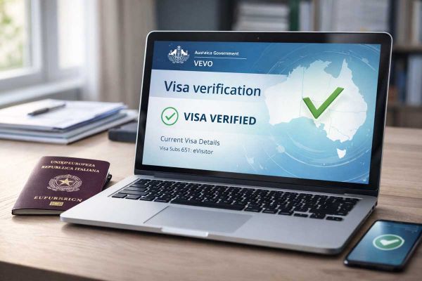 Approfondimenti sui Visti Australia 8 Laptop che mostra interfaccia VEVO per verificare visto australiano online con passaporto italiano sulla scrivania