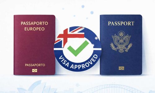 Due passaporti (europeo e americano) con timbro approvazione visto Australia, colori bandiera australiana, Sydney Opera House sullo sfondo