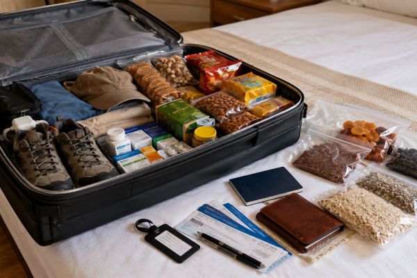 Approfondimenti Australia: visti e consigli pratici 9 Valigia aperta preparata per l’Australia con cibo confezionato, farmaci, scarpe pulite e documenti di viaggio