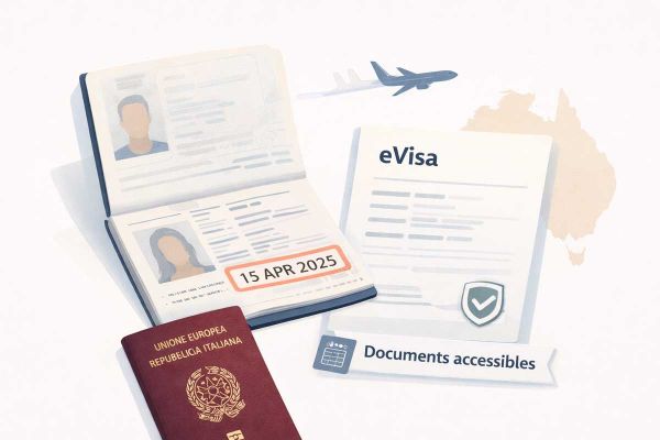 Approfondimenti sui Visti Australia 3 Illustrazione di un passaporto italiano aperto con data di scadenza in evidenza, visto australiano e aereo stilizzato sullo sfondo