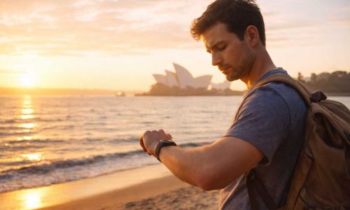 Turismo in Australia 4 Viaggiatore al tramonto in Australia che guarda l'orologio - differenza fuso orario Italia Australia