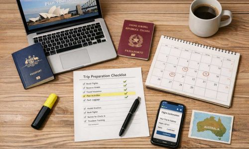 Turismo in Australia 3 Viaggiatore organizza documenti viaggio Australia su scrivania con passaporto, laptop, calendario e checklist stampata