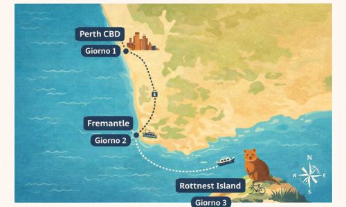 Turismo in Australia 2 Mappa illustrata dell'itinerario Perth 3 giorni: percorso tra il CBD, Fremantle e Rottnest Island