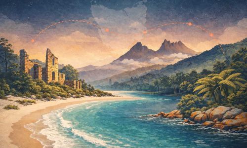 Illustrazione panoramica della Tasmania con paesaggio costiero, montagne e natura selvaggia che evoca un viaggio di una settimana tra Hobart, Freycinet e Cradle Mountain